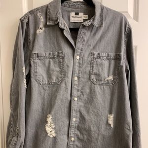 Topman Distressed Denim Button Down Shirt